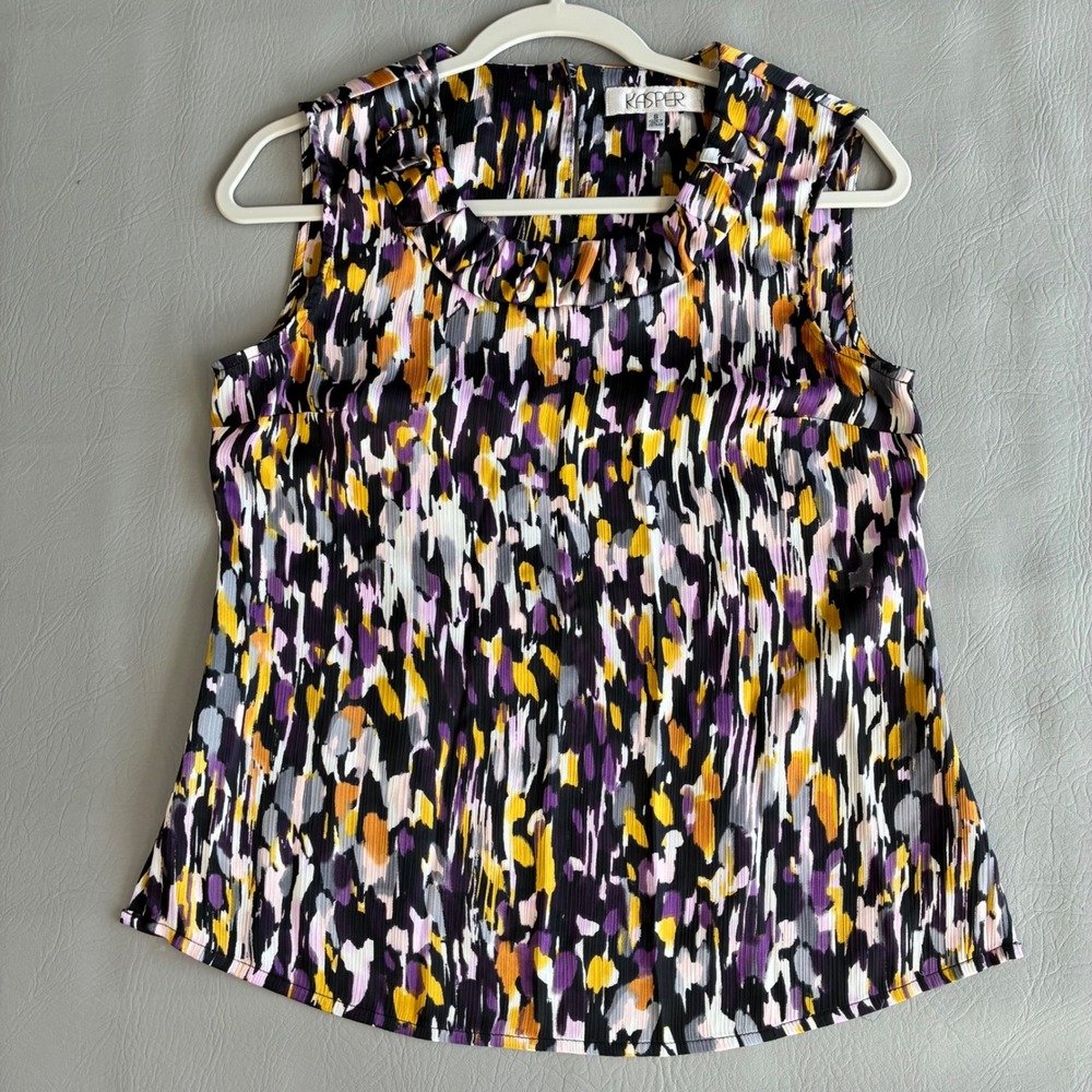 Kasper Women's Sm. Dopamine Sleeveless Blouse Purple Yellow Geometric Sheer Top